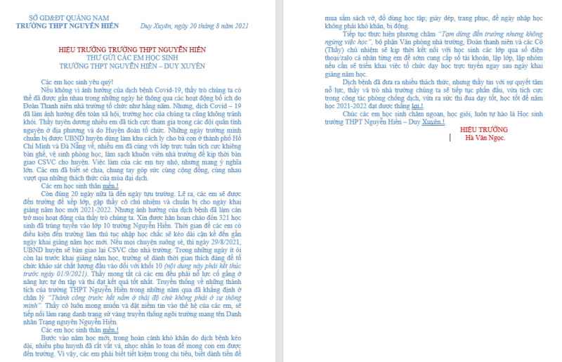 THƯ GỞI ĐẾN HỌC SINH TRƯỜNG THPT NGUYỄN HIỀN