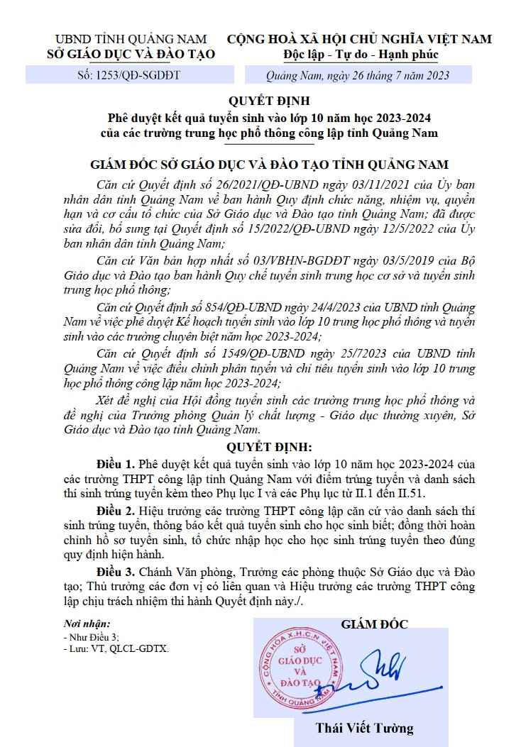 THÔNG BÁO HỌC SINH TRÚNG TUYỂN LỚP 10 NĂM HỌC: 2023-2024