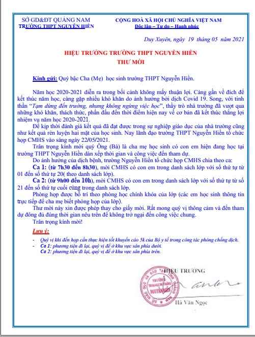 THƯ MỜI HỌP PHỤ HUYNH HỌC SINH CUỐI NĂM 2020-2021